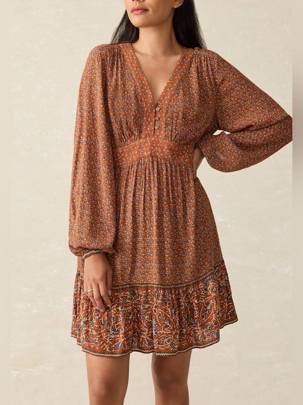 FAHERTY Woodstock Dress Medium Boho Floral Mini Peasant Long Sleeve